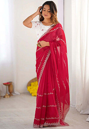 Embroidered Tissue Silk Saree in Fuchsia