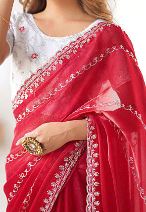 Embroidered Tissue Silk Saree in Fuchsia