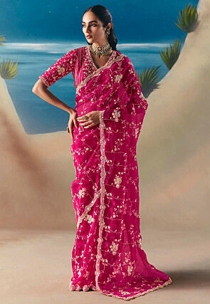Embroidered Tissue Silk Saree in Fuchsia