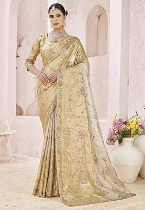 Embroidered Tissue Silk Saree in Golden and Silver