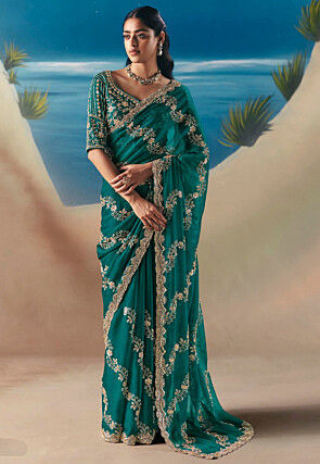 Embroidered Tissue Silk Saree in Teal Green