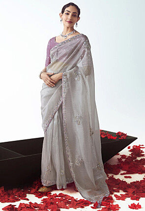 Embroidered Tissue Silk Saree in Grey