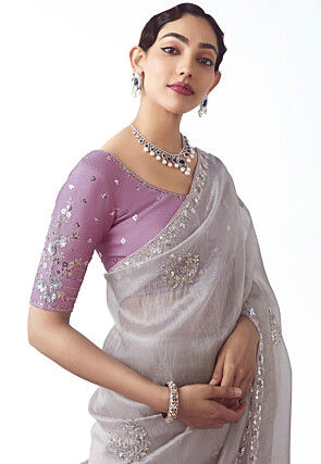 Embroidered Tissue Silk Saree in Grey