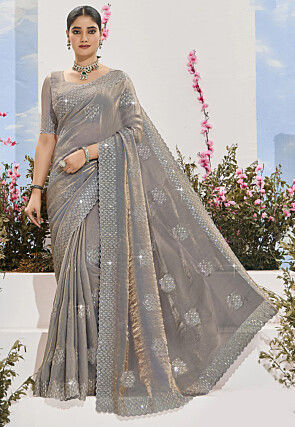 Embroidered Tissue Silk Saree in Grey