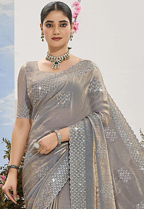 Embroidered Tissue Silk Saree in Grey