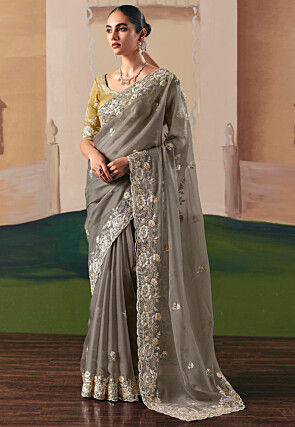 Embroidered Tissue Silk Saree in Grey