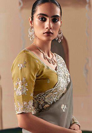 Embroidered Tissue Silk Saree in Grey