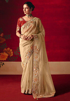 Embroidered Tissue Silk Saree in Light Beige