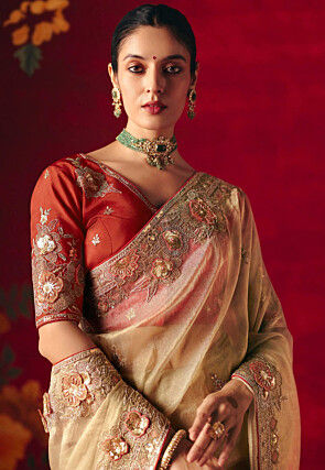 Embroidered Tissue Silk Saree in Light Beige