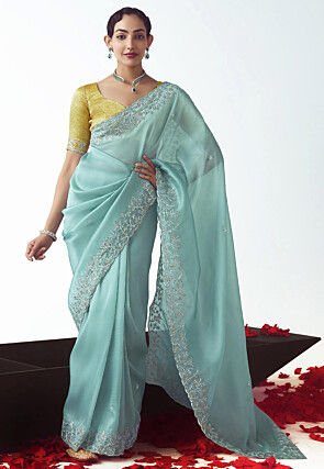 Embroidered Tissue Silk Saree in Light Blue