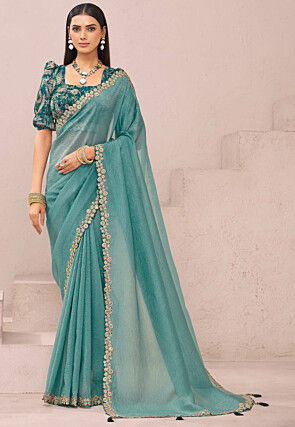 Embroidered Border Tissue Silk Saree in Light Blue