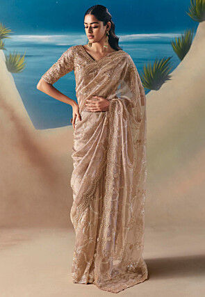 Embroidered Tissue Silk Saree in Light Fawn