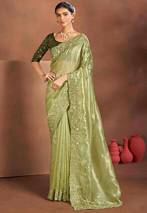 Embroidered Tissue Silk Saree in Light Green