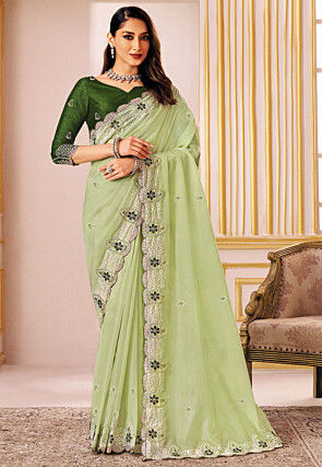 Embroidered Tissue Silk Scalloped Saree in Light Green