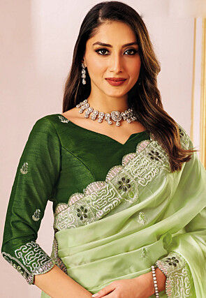 Embroidered Tissue Silk Scalloped Saree in Light Green