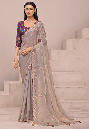 Embroidered Border Tissue Silk Saree in Light Grey