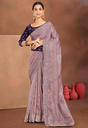 Embroidered Tissue Silk Saree in Light Purple