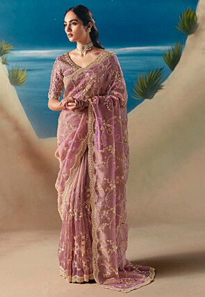 Embroidered Tissue Silk Saree in Light Purple