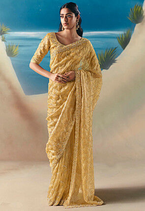 Embroidered Tissue Silk Saree in Light Yellow