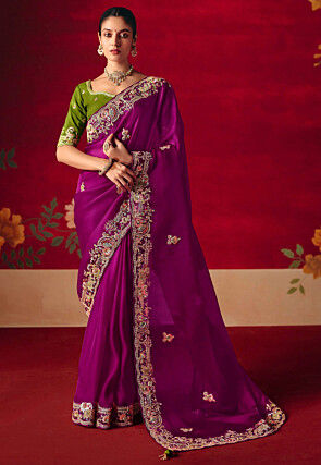 Embroidered Tissue Silk Saree in Magenta