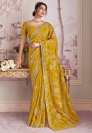Embroidered Tissue Silk Saree in Mustard