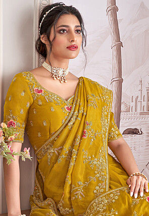 Embroidered Tissue Silk Saree in Mustard