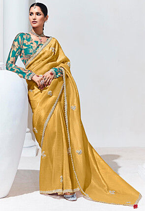 Embroidered Tissue Silk Saree in Mustard