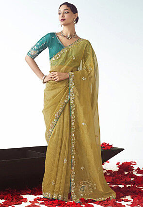 Embroidered Tissue Silk Saree in Mustard