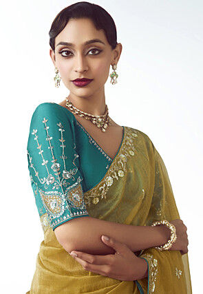 Embroidered Tissue Silk Saree in Mustard