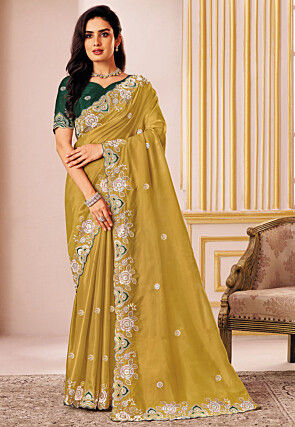 Embroidered Tissue Silk Scalloped Saree in Mustard