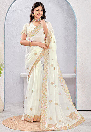Embroidered Tissue Silk Saree in Off White