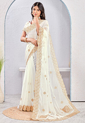 Embroidered Tissue Silk Saree in Off White