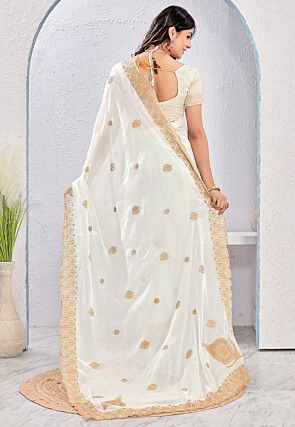 Embroidered Tissue Silk Saree in Off White