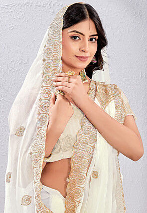 Embroidered Tissue Silk Saree in Off White