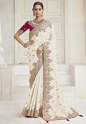 Embroidered Tissue Silk Saree in Off White