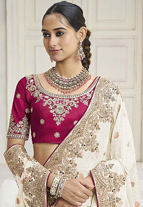 Embroidered Tissue Silk Saree in Off White