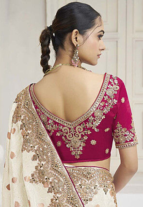 Embroidered Tissue Silk Saree in Off White