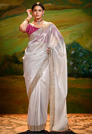 Embroidered Tissue Silk Saree in Off White