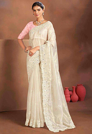 Embroidered Tissue Silk Saree in Off White