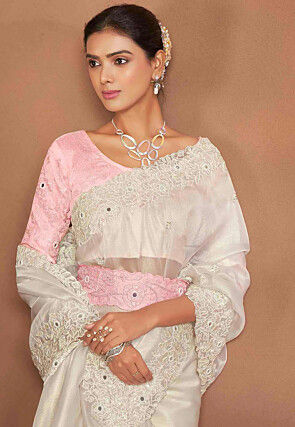 Embroidered Tissue Silk Saree in Off White
