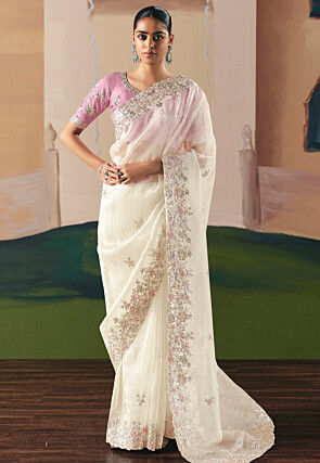 Embroidered Tissue Silk Saree in Off White