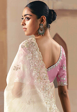 Embroidered Tissue Silk Saree in Off White