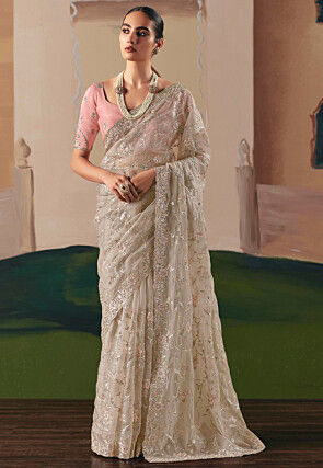 Embroidered Tissue Silk Saree in Off White