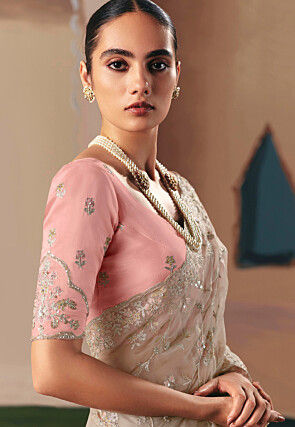 Embroidered Tissue Silk Saree in Off White