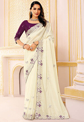 Embroidered Tissue Silk Scalloped Saree in Off White