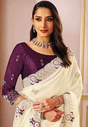 Embroidered Tissue Silk Scalloped Saree in Off White