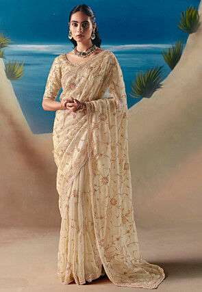 Embroidered Tissue Silk Saree in Off White