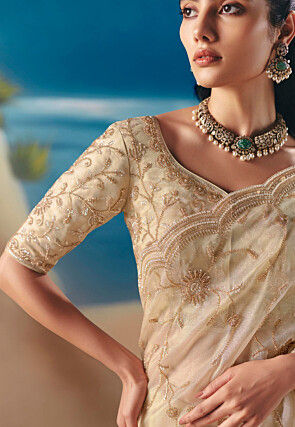 Embroidered Tissue Silk Saree in Off White