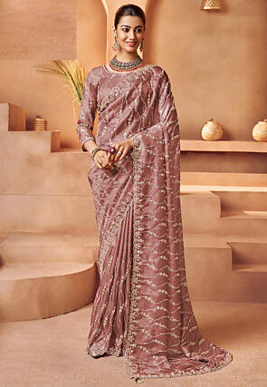 Embroidered Tissue Silk Saree in Old Rose