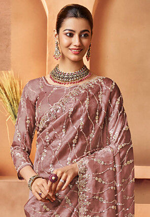 Embroidered Tissue Silk Saree in Old Rose